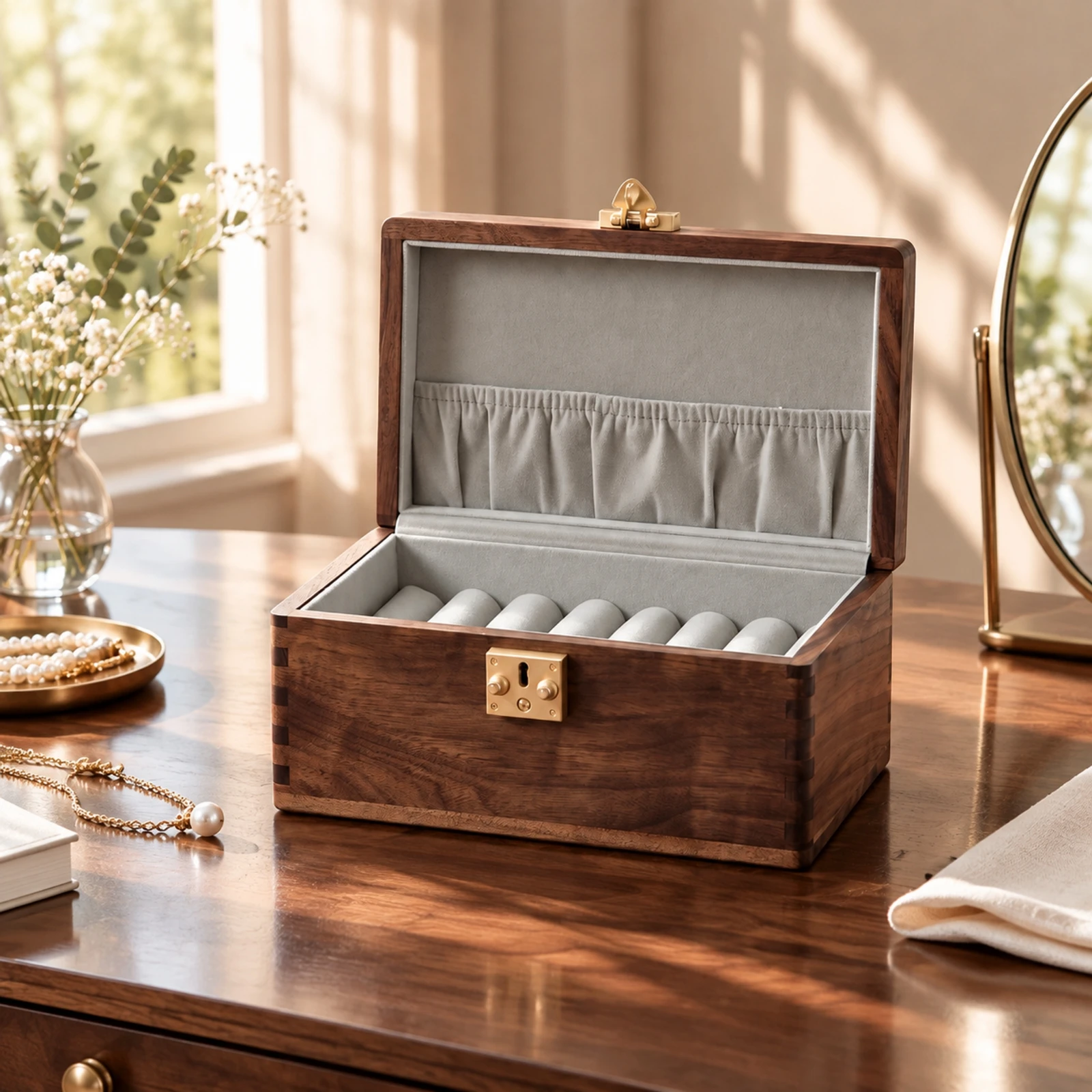 Walnut Wooden Bracelet Jewelry Box Rounded Edges Wooden Jewelry Box with Bracelet Rolls Padded Multi-Compartment for Dresser