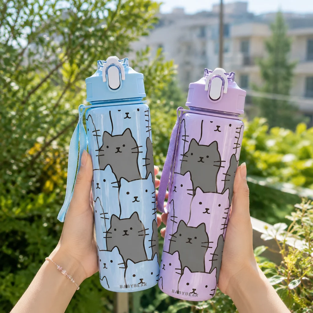 Cute Cartoon Cat Print Water Bottle 750ml Portable Plastic Drinking Bottle Leak‑proof Kids Sports Water Cup for Outdoor Travel
