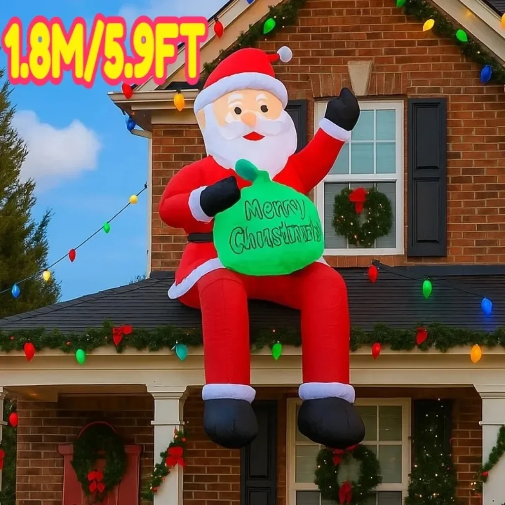 1.8M/5.9FT Inflatable Santa Claus on Roof Holding Gift Bag  Lights LED Home Holiday Lighting Decoration Yard Xmas Supplies Decor