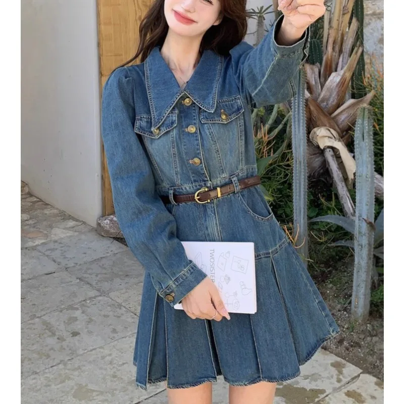 

Denim Dress Women's 2026 Spring and Summer New High-end Sense, Unique Design Sense, Waist and Thin Long-sleeved Skirt