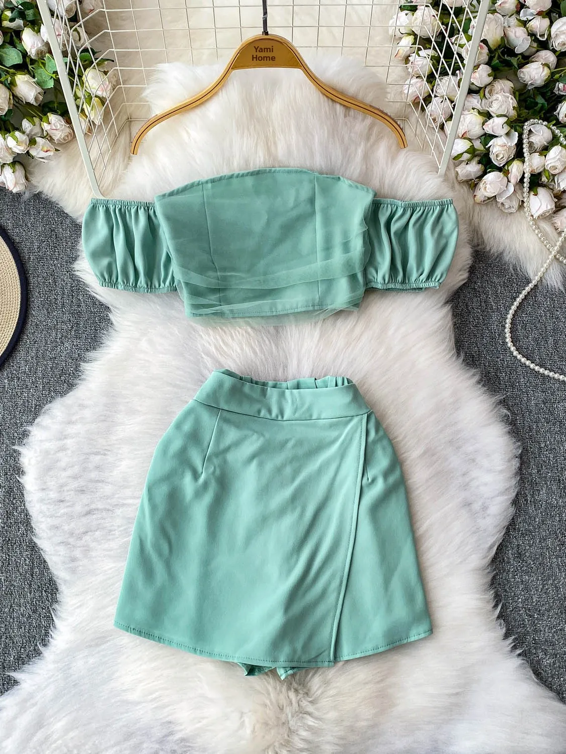 

Sexy Splice oulder T-irt ort Streetwear Top High Waist Design Slit Skirt Pants Hot Girl Netting Patchwork Outfit