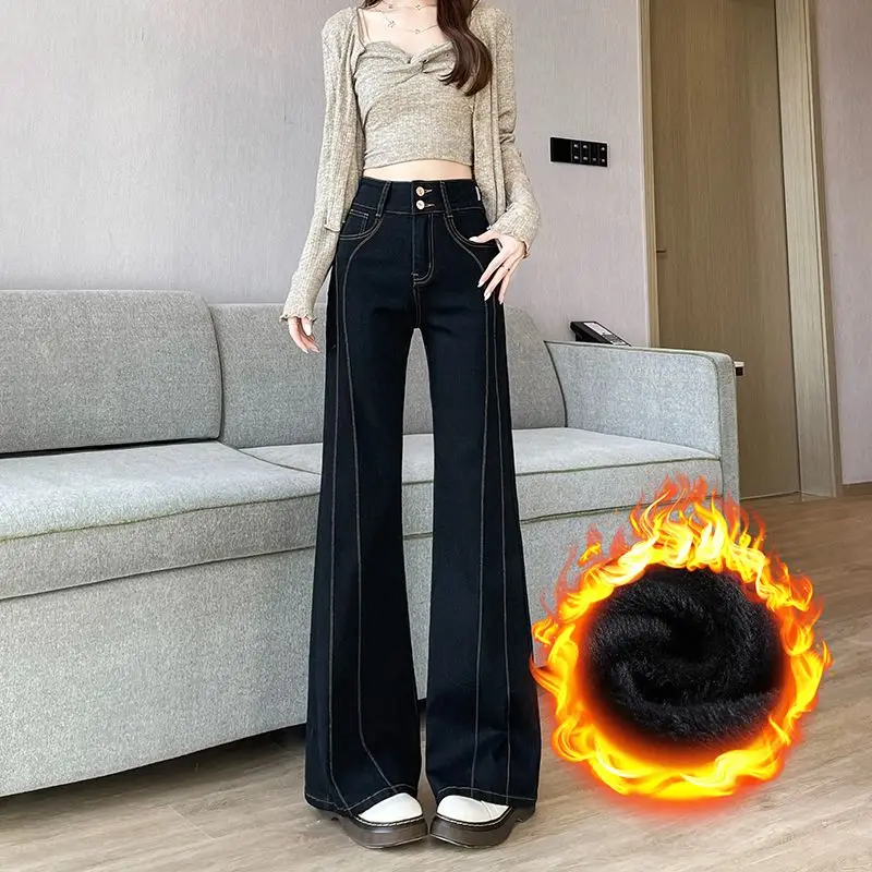2026 Winter Women's Fleece Jeans High Waisted Stretchy Flared Pants Thicken Warmer Denim Bell Bottoms Trousers Double Breasted