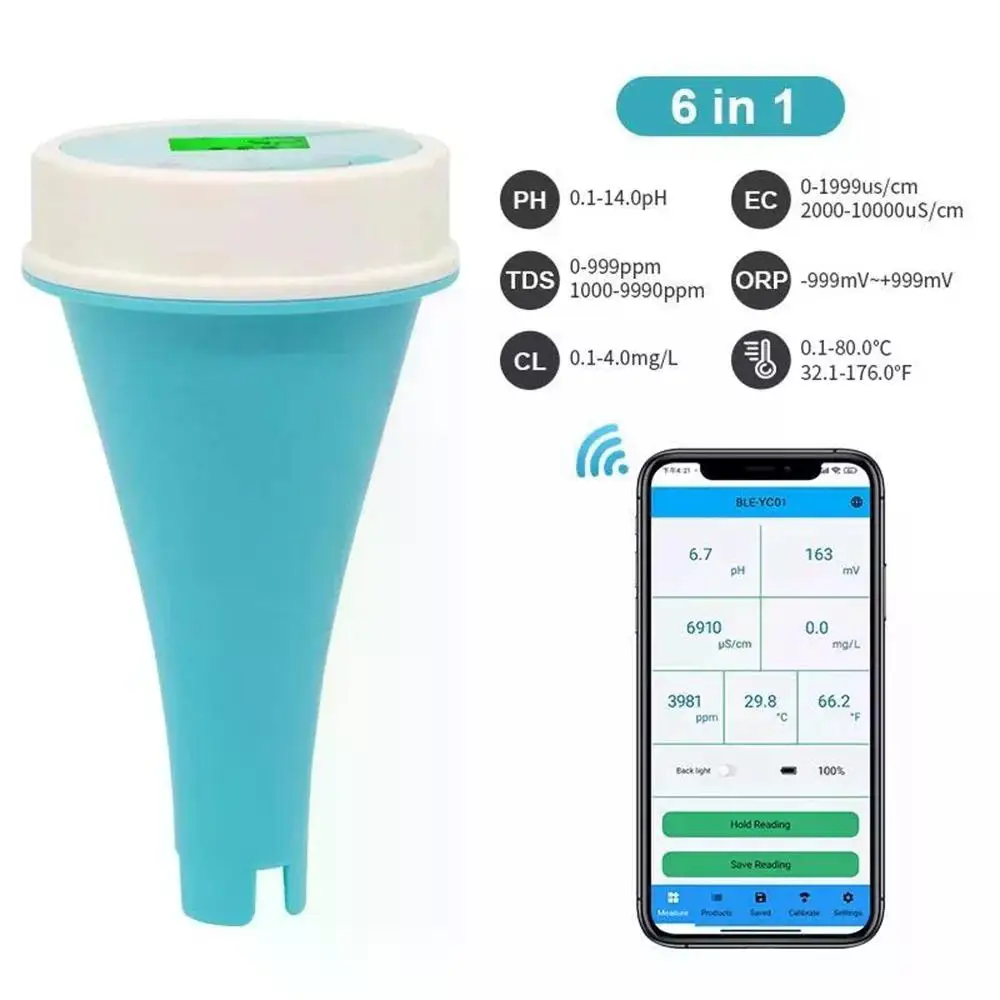 New Floating Smart Swimming Pool Water Analyzer 6 in 1 pH Chlorine EC TDS ORP Temp Tester for Spa Pool Water with Bluetooth App