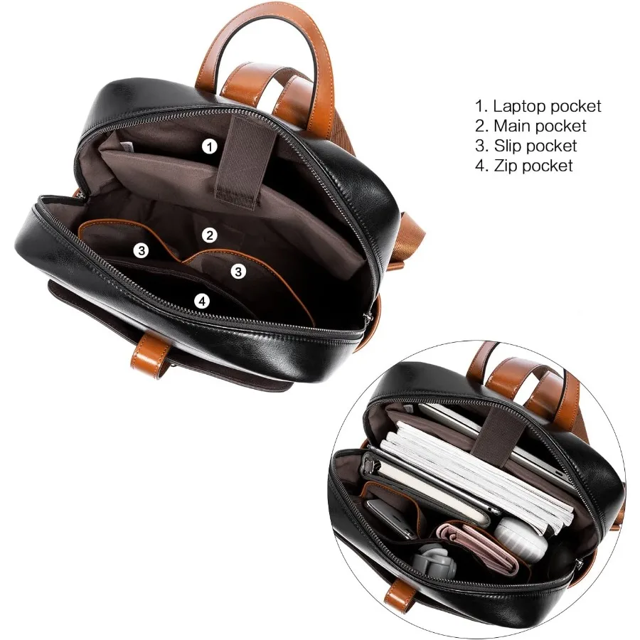 حقيبة ظهر جلدية للكمبيوتر المحمول من BOSTANTEN للنساء مقاس 15.6 بوصة حقيبة ظهر للكمبيوتر محفظة للكلية Daypack حقيبة سفر للعمل باللون الأسود والبني #4