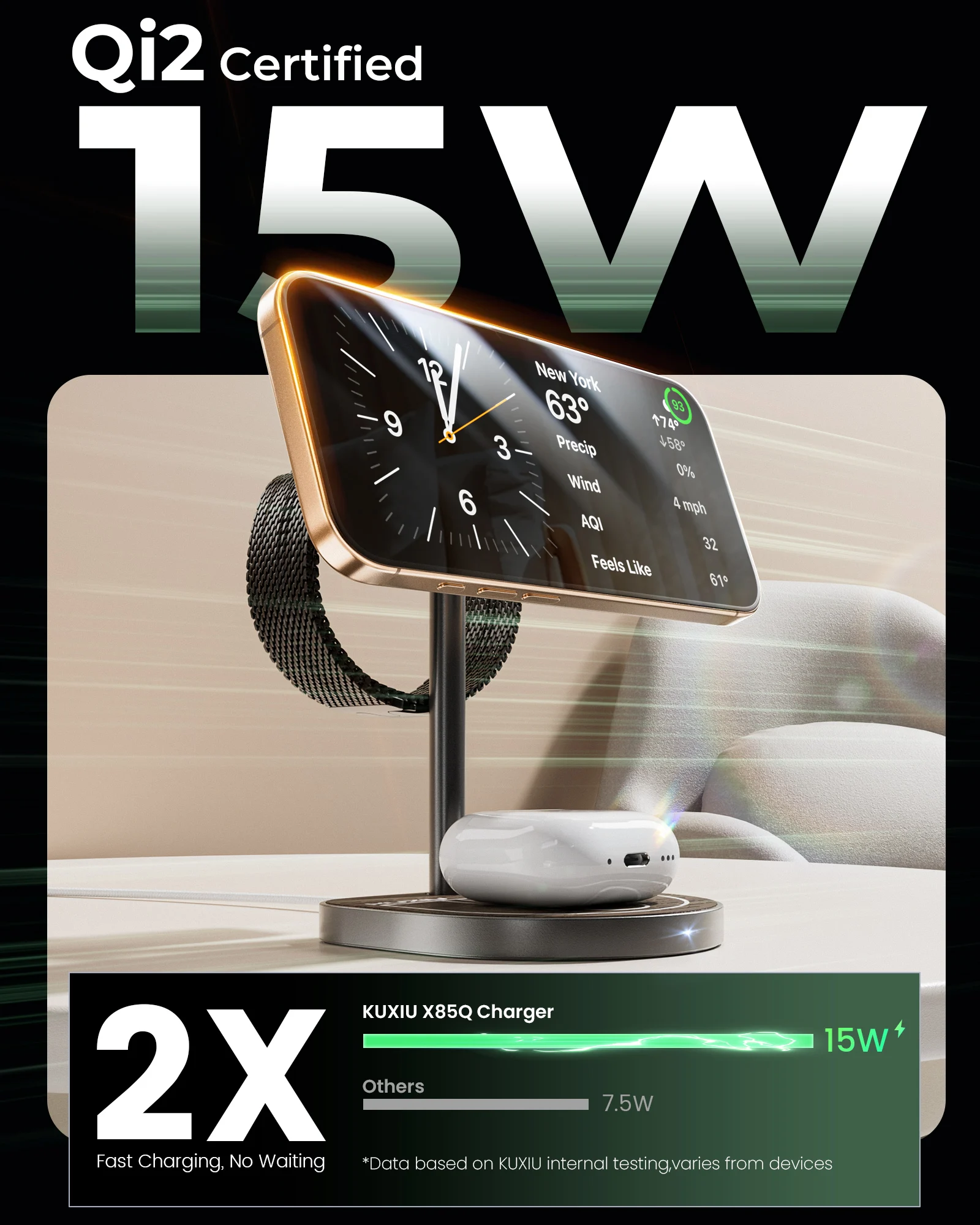 KUXIU X85Q Qi2 Magnetic Wireless Charger Stand For iPhone 17 16 15 14 13 Pro/Max,Apple Watch 1-9/Ultra/AirPods 4 3 2 Accessories