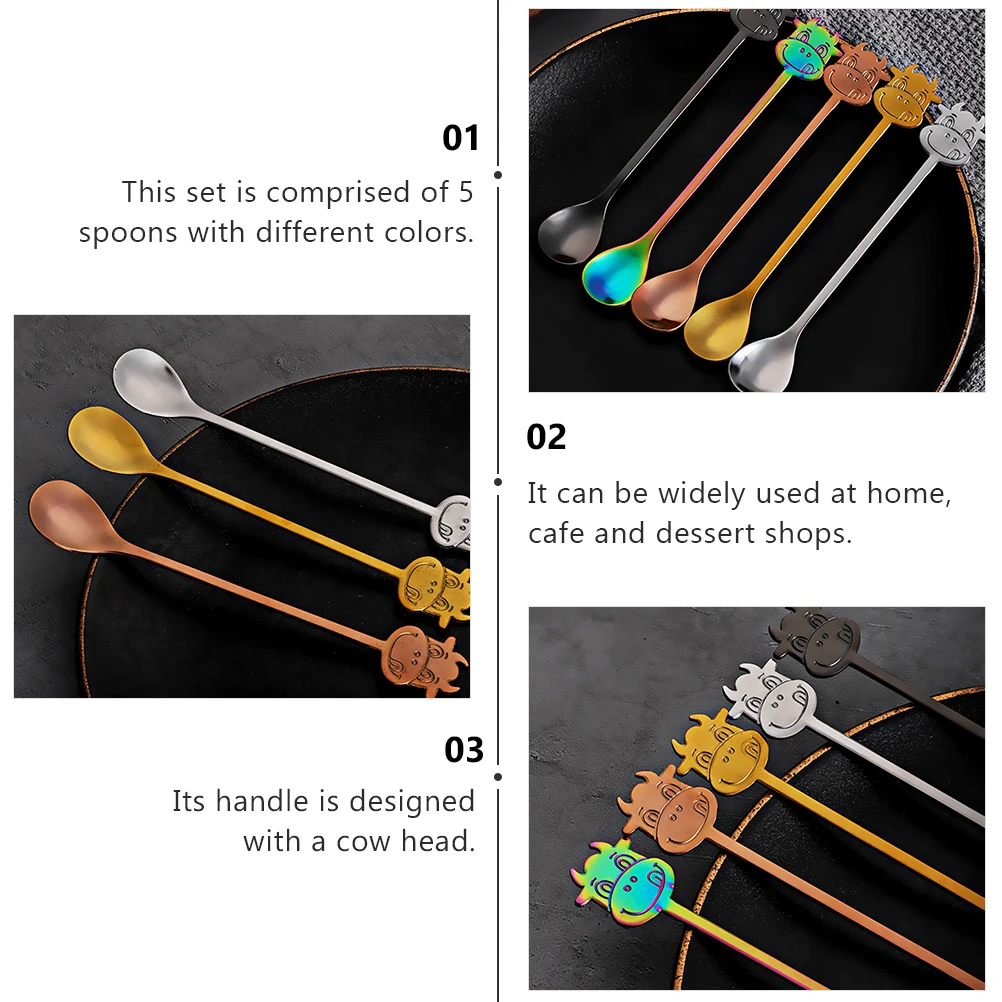 

5 Pcs Creative Spoons Stainless Steel Dessert Coffee Stirring Multi Color Home Cafe Party Gifts