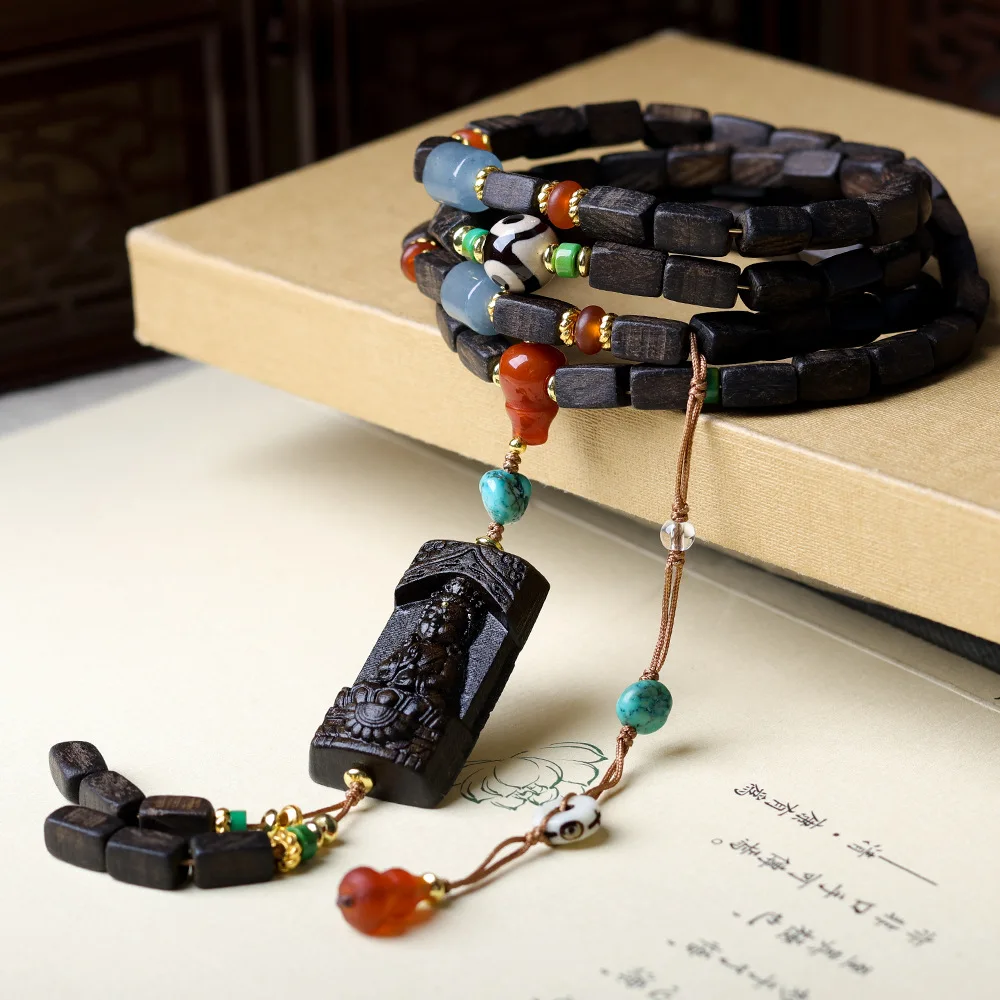Bransoletka z agarwoodu Dalagan, wielokręgowa, bransoletka kulturowa, bransoletka Guanyin, bransoletka z trójokim koralikiem nieba, buddyjski naszyjnik z koralików.