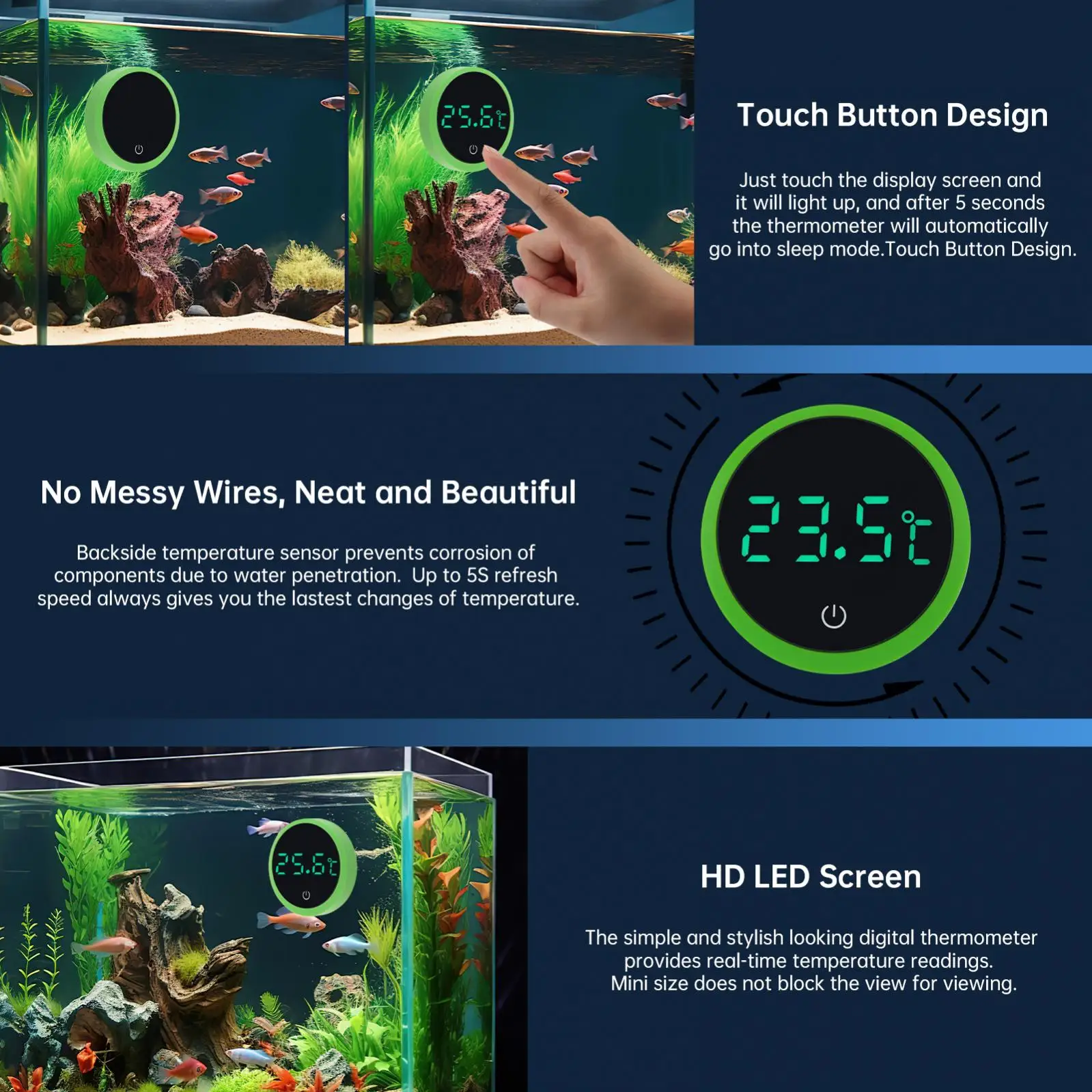 Kabelloses digitales Thermometer in Weiß/Grün/Schwarz mit Grad Celsius, Aquarium-Thermometer mit LED-Anzeige – Detail 17