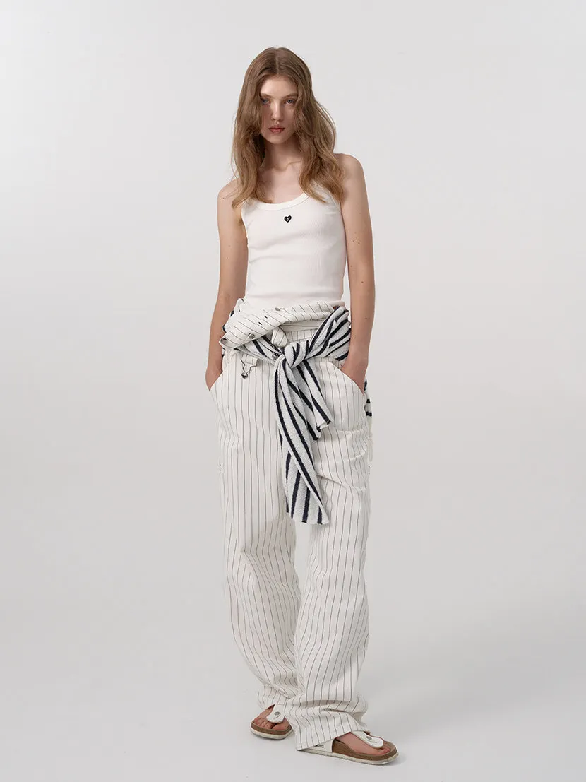 

Barnnet Casual Loose Straight Leg Pants Women's Long Trousers Vertical Stripes Eight Milk White Color Breathable Comfortable