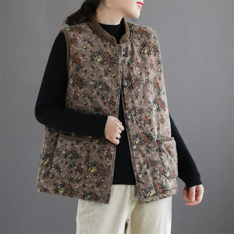 Autumn Winter Floral Vest Jacket Cotton And Linen Loose Large Size Retro Versatile Casual Quilted Top Sleeveless Waistcoat T1590