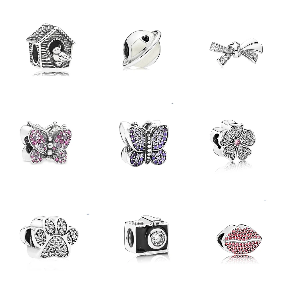 

New White Copper Silver Plated Bow Clover Gift Box Bag Hanging Beads DIY Accessories Beads