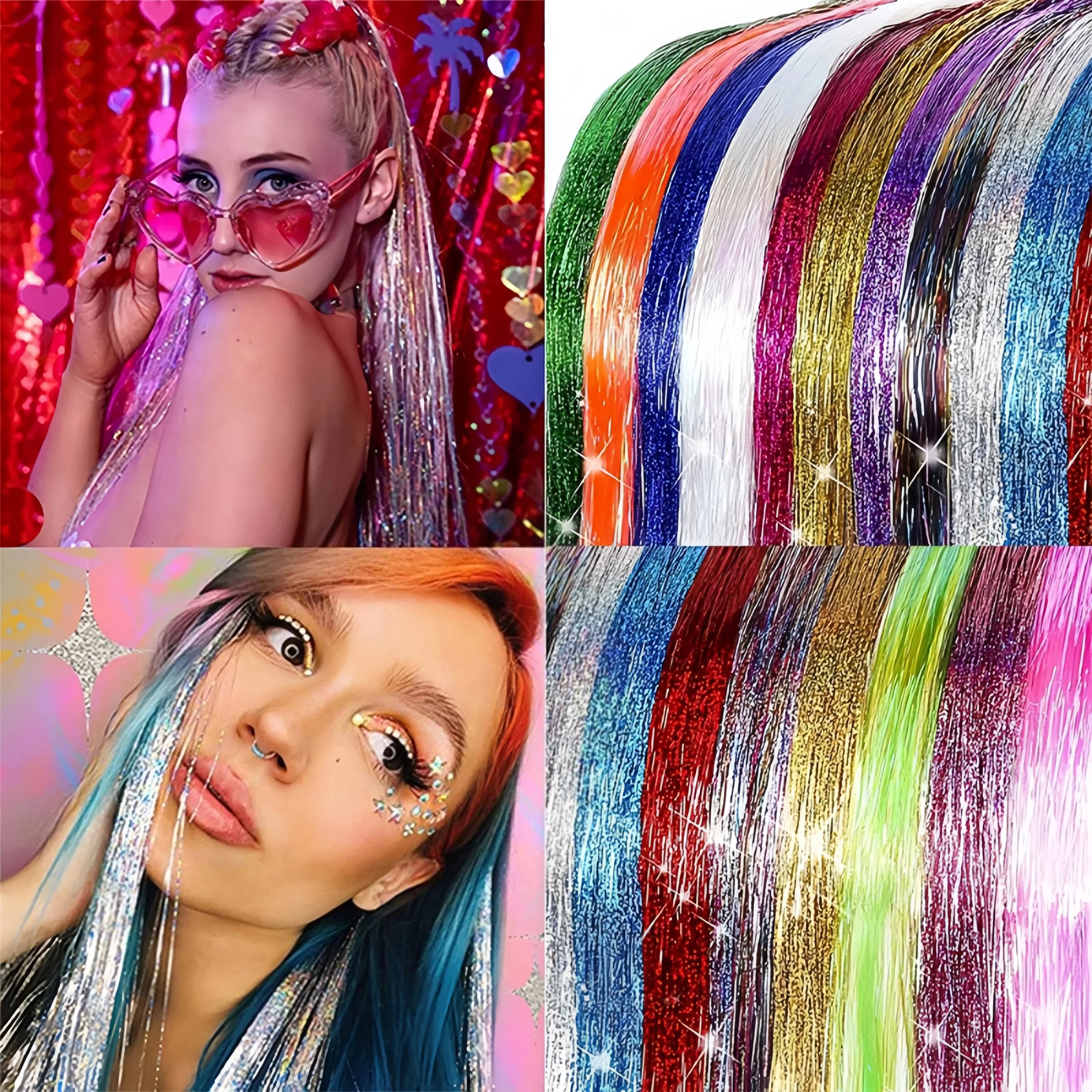 

46 inch Synthetic Sparkle Hair Tinsel Rainbow Colored Strands Girls Headwear Hairbinge Hair Laser False Hair Extensions 22 color