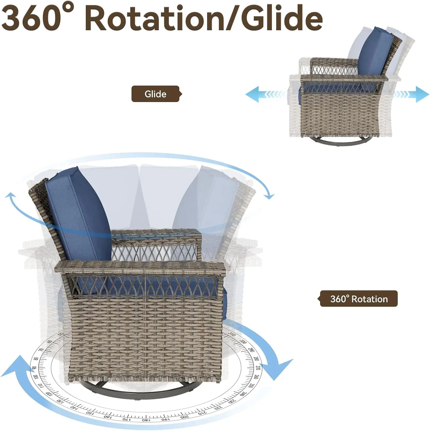 Набор уличной мебели для патио, широкий подлокотник, плетеное уличное поворотное кресло-качалка, секционные комплекты мебели с фотоэлементами