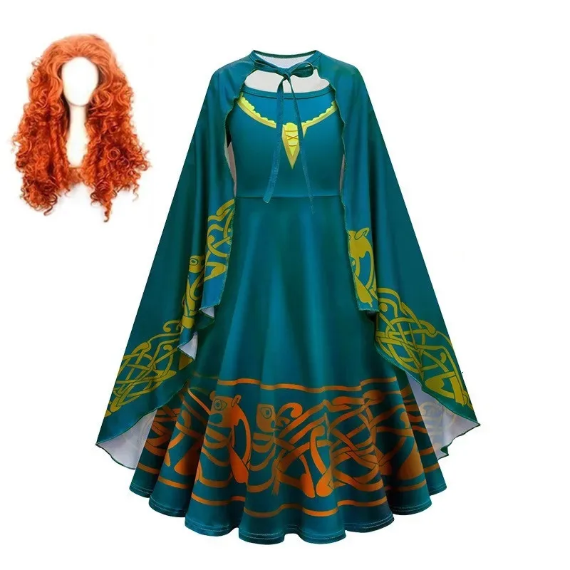 Brave Merida Costume for Girls Xmas Princess Dress Kids Carnival Fantasia Children birthday Halloween Party Cosplay Costume wig