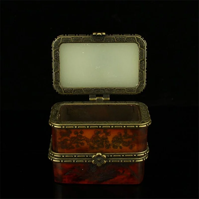 Antique Miscellaneous White Marble Jewelry Box Old Ox Bone Inlaid White Jade Carved Double-Layer Rouge Box Smooth Pattern