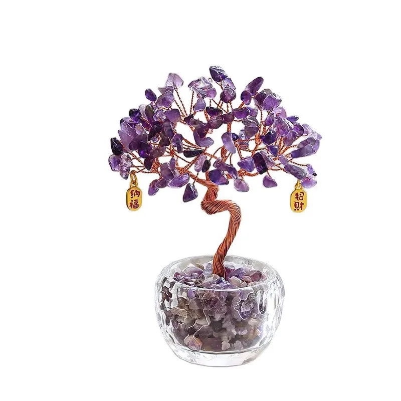 Crystal Fortune Tree Figurine Treasure Bowl Base Life Tree Statue Handmade Home Office Desktop Ornament Feng Shui Craft Gift