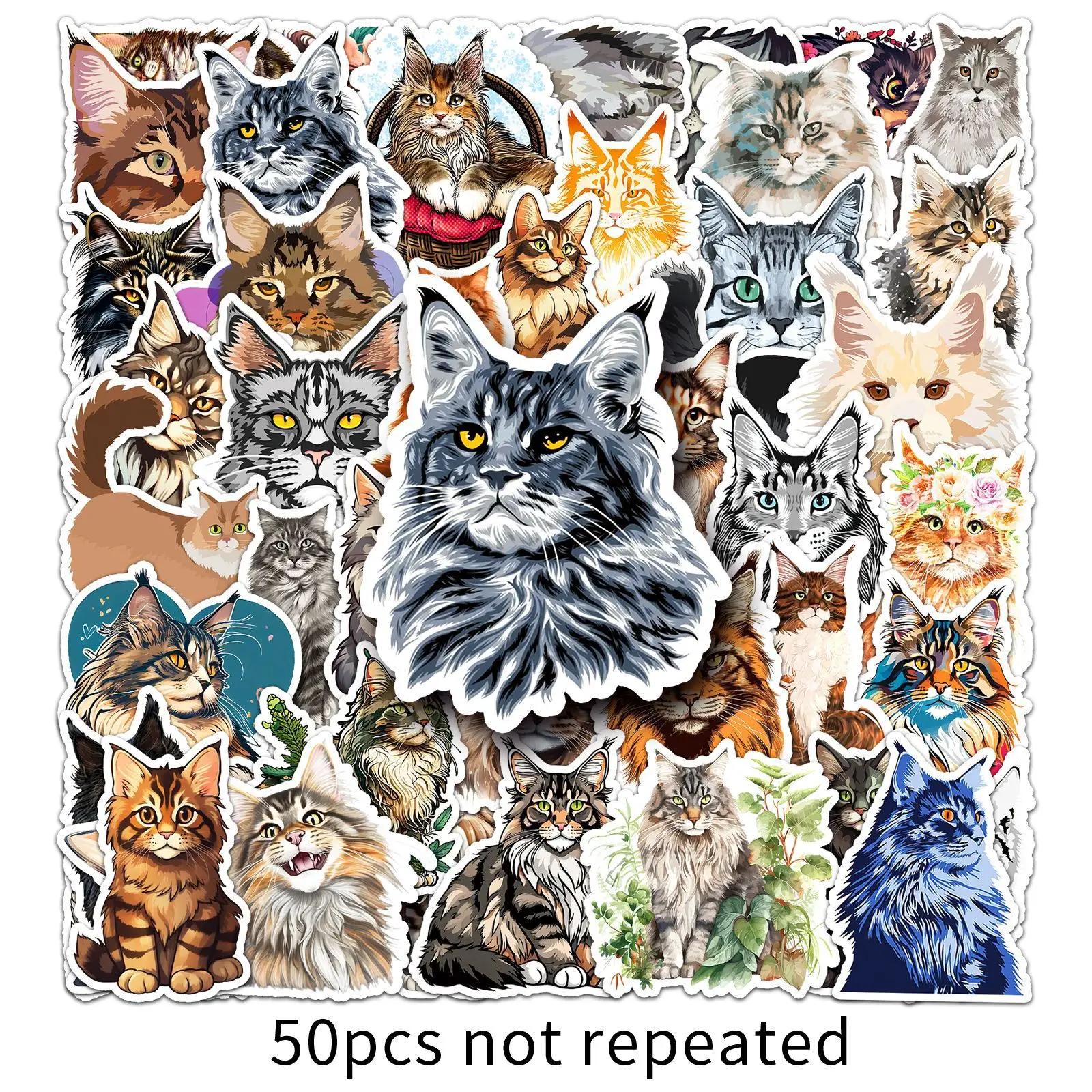 50 STKS Maine Coon Leuke Huisdier Kat Cartoon Dieren Leuke Doodle Decoratieve Laptop Koffer iPad Water Cup Waterdichte Sticker Kinderen Speelgoed
