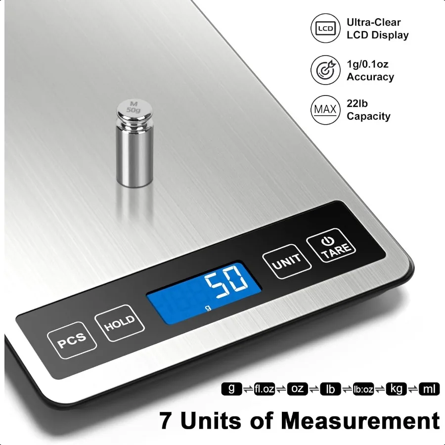 Balance alimentaire 1g 0.1oz balance de cuisine numérique 22lb 7 unités Tare PCS puissance Rechargeable verre trempé acier inoxydable Balance de poids alimentaire