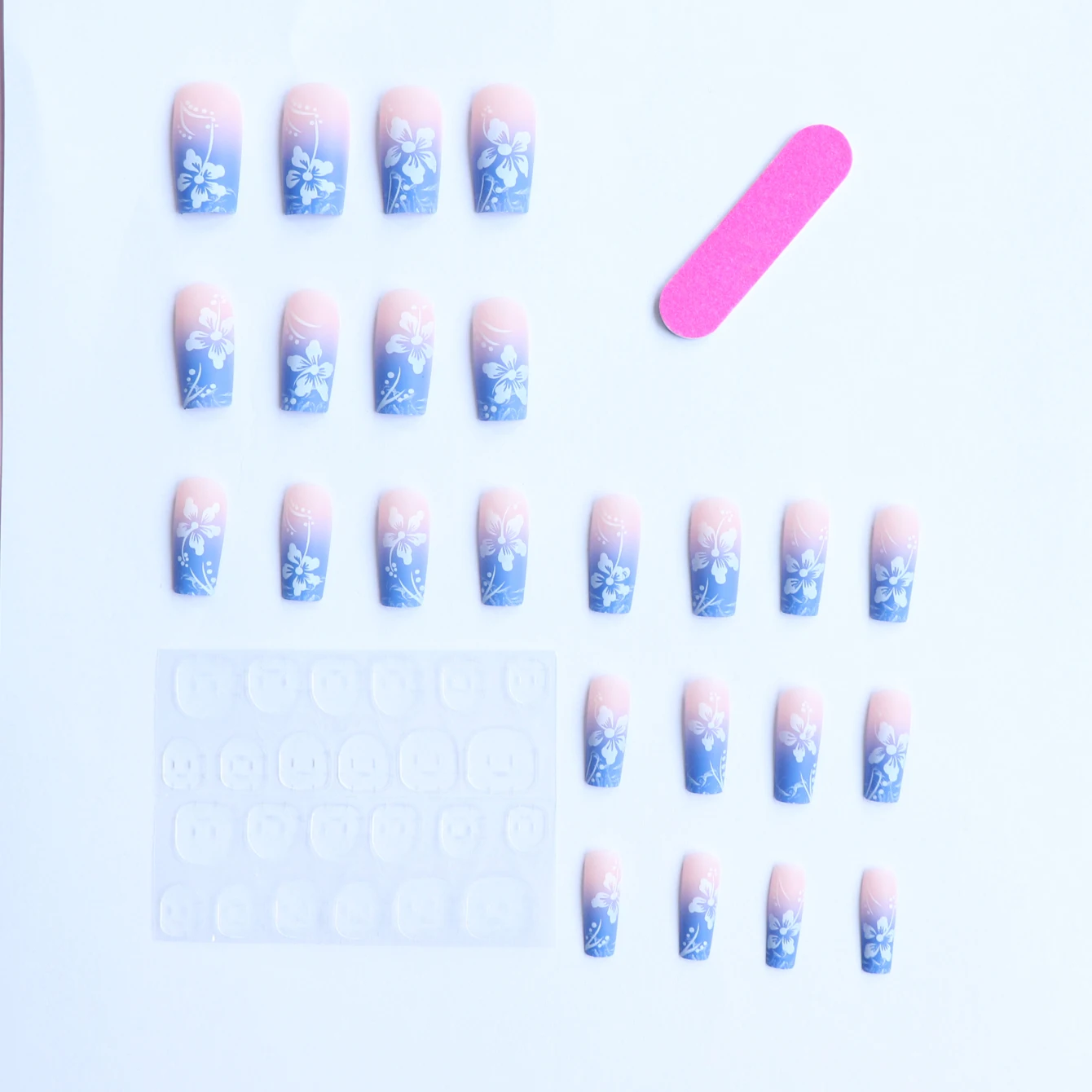 24pcs Medium Coffin Blue Full Cover Fake Nail Set Floral Press On Nails Sakura Design Nail charms Flower For Girl Women Gift