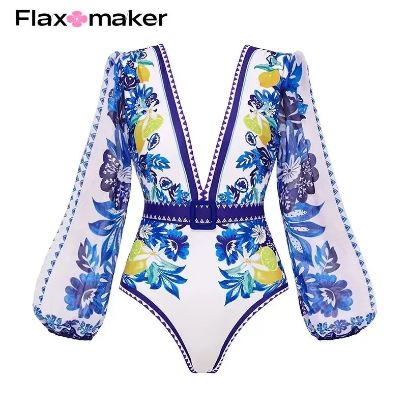 FLAXMAKER Long-sleeved Lemon Print One Piece Swimsuit and Sarong Surfing Clearance Wholesale Flaxmaker Swimsuit