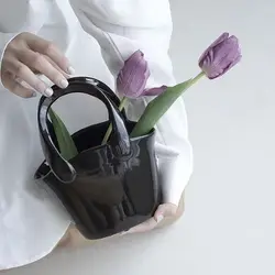 Romantic Into The Bag Vase Black Glass Vase Flower Handbag Bag Vase Desktop Centerpiece for Office Hydroponic Household Bedroom