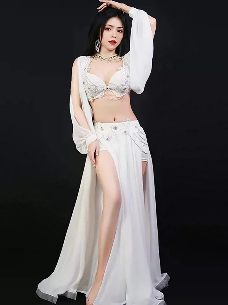 Women Belly Dance Sets Long Sleeve Diamond Slit Large Swing Satin Fringe Skirt with Chain Competition Performance Dancewear