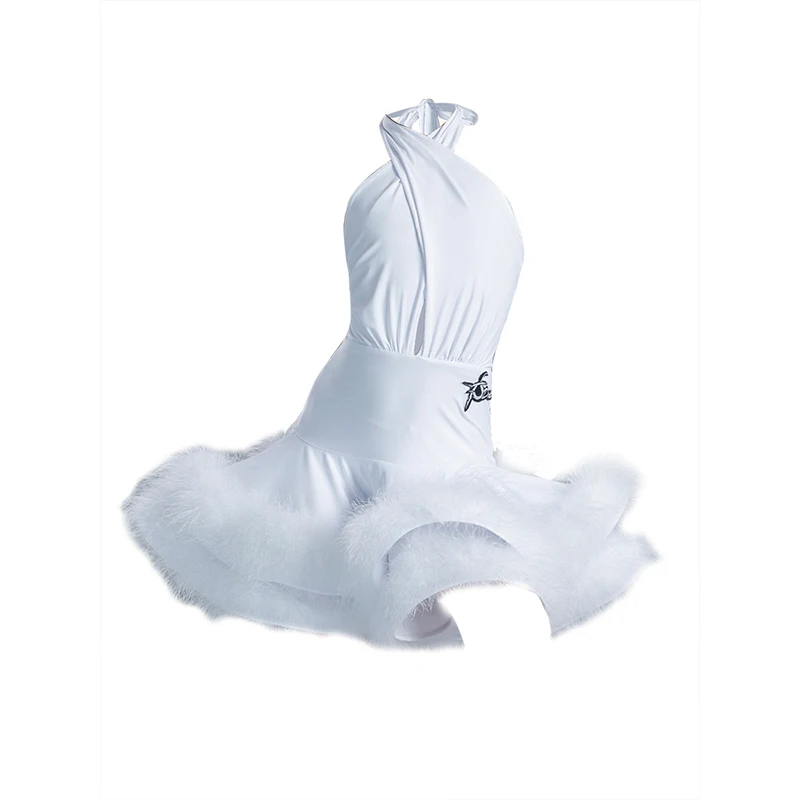 New Kids Latin Dance Costume Girls Performance Clothes Red White Feather Dress Cha Cha Ballroom Dance Competition Dress BL7088