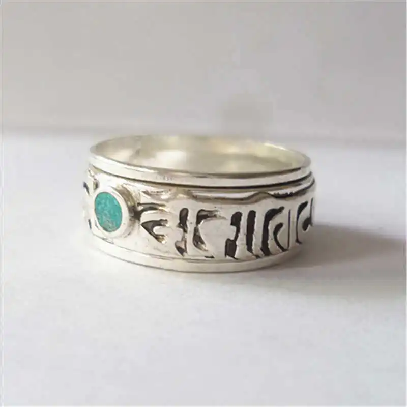 Tibetan Six Words Mantras Amulet Spin Lucky Rings White Metal Copper Ring OM MA NI PAD ME HUM R112