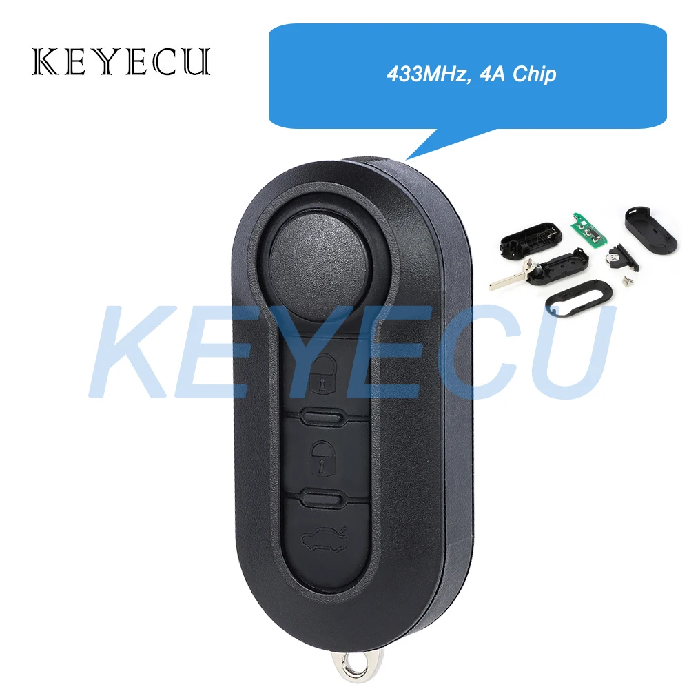 Keyecu A2C 86460000 433 MHz 4A Chip Flip Remote Car Key Fob 3 Buttons Replacement for Fiat Strada Mobi Uno Fiorino E Mais