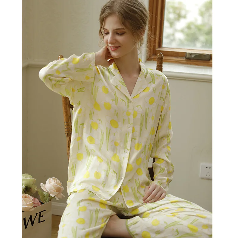 Autumn 2022 Pajamas for Women Satin Daffodils Printed Long-sleeved Trousers Pijamas Viscose Floral 2 Piece Sets Grace Home Wear