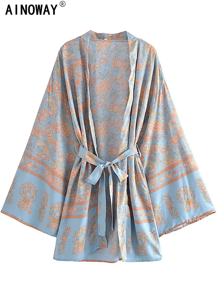 Multi Floral Print Sashes Kimono Women V Neck Batwing Sleeves Happie Bohemian Short Robe  Beach Boho Bikini Cover-ups