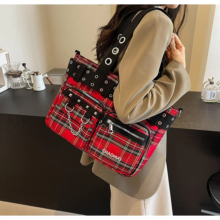 PU CHAINS Zipper Shoulder Bag Buckle Decorative Casual Women's Bags on Sale 2026 New Plaid Locomotive Style Women's Handbags