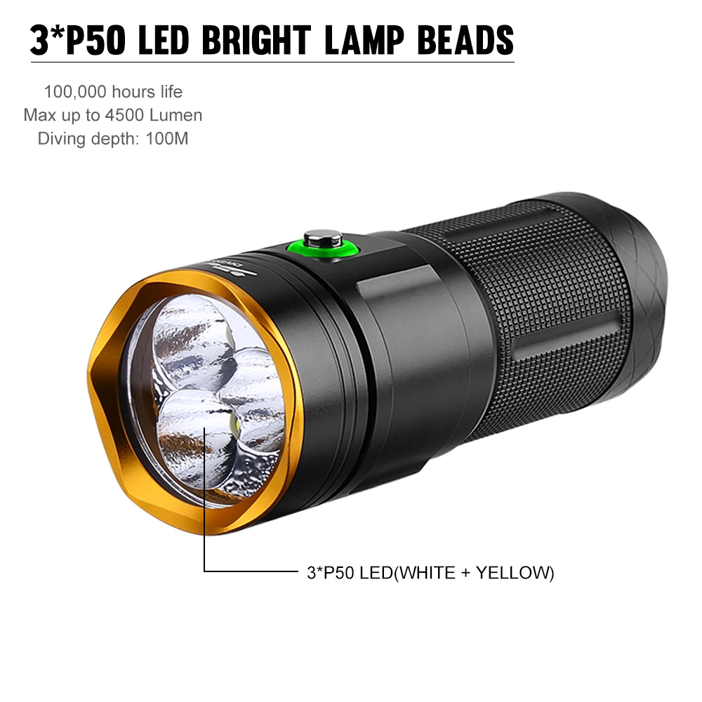 Asafee XHP50 LED Torch 4500LM White+Yellow SOS Light 100M Underwater Diving Flashlight IPX8 Waterproof Lamp Dive Lantern