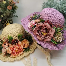 2024 Handwoven Forest Style Straw Sun Hats for Women Large Flower Decorated Foldable Travel Beach Sunscreen Sombrero Para Mujer