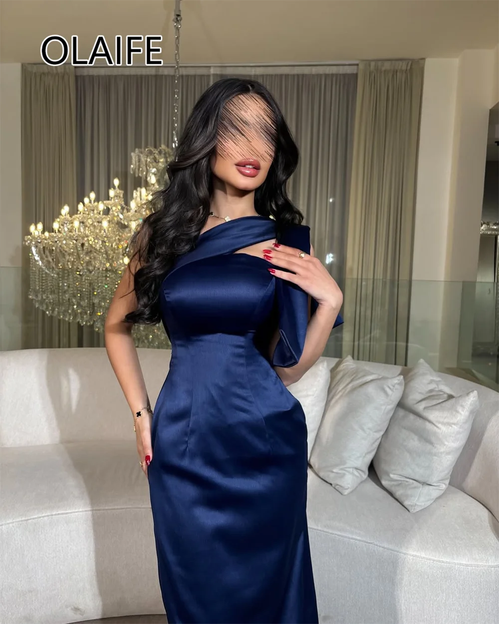 Modest One Shoulder Satin Evening Saudi Arab Dress with Crystal Sheath Long Prom Bridesmaid Gown with Bow Customized