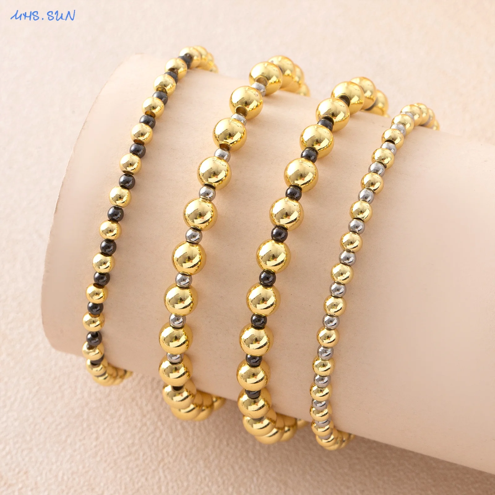 MHS.SUN Trendy Metall Ball Perlen Armbänder Mix Farben Elastische Perlen Armband Bankett Party Für Frauen Mädchen Schmuck Geschenke – Detail 16