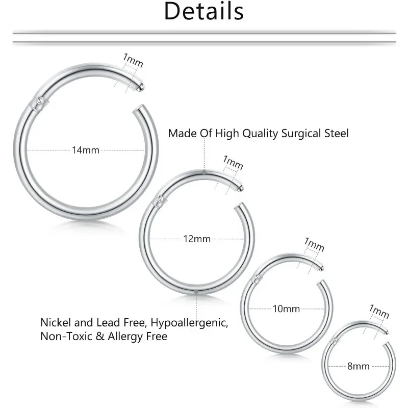 16 18G Septum Clicker Nose Rings Hoop Hinged Segment Helix Daith Tragus Cartilage Earrings Stainless Steel Lip Piercings Jewelry
