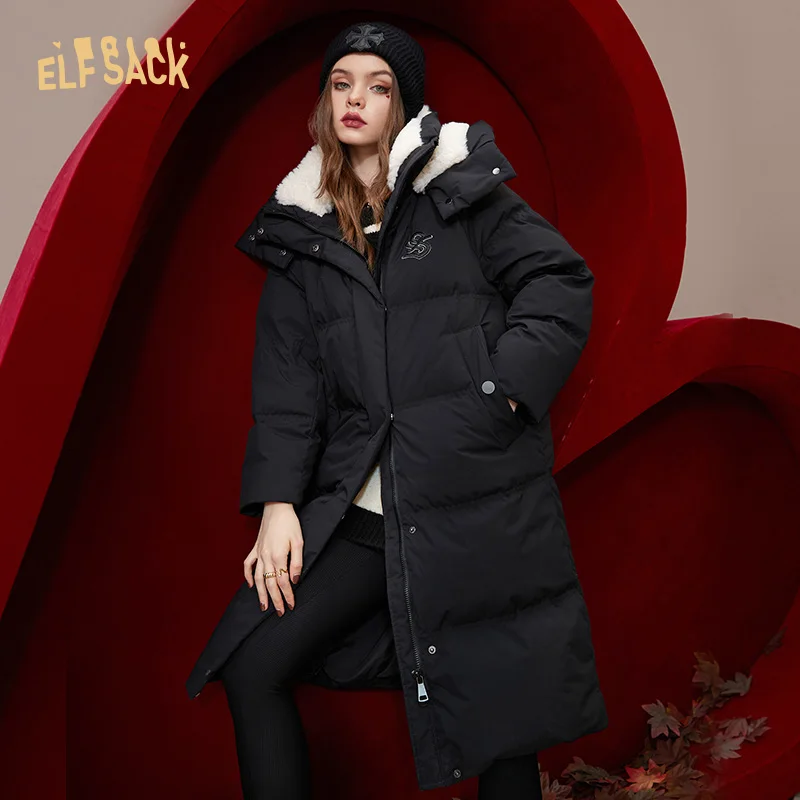 

ELFSACK Black Warm Down Coats Women 2022 Winter Windproof Long Outwears