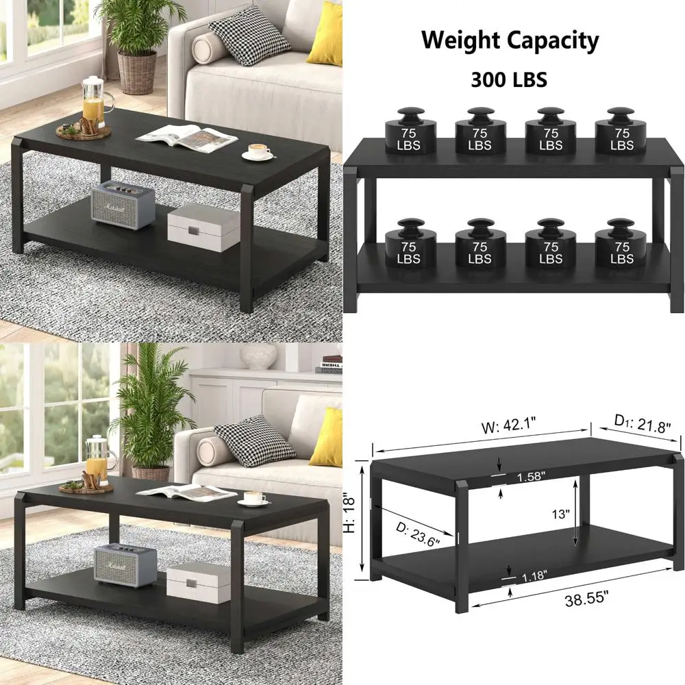 طاولة قهوة صناعية ريفية حديثة، طاولة مركزية خشبية مستطيلة مع مساحة تخزين لغرفة المعيشة