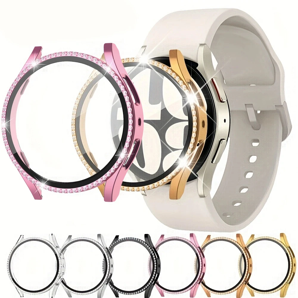 Diamant-Uhrengehäuse + gehärtetes Glas für Samsung Galaxy Watch 45/6/7 40/44 mm, leichtes, luxuriöses, kratzfestes Schutzgehäuse für Damen