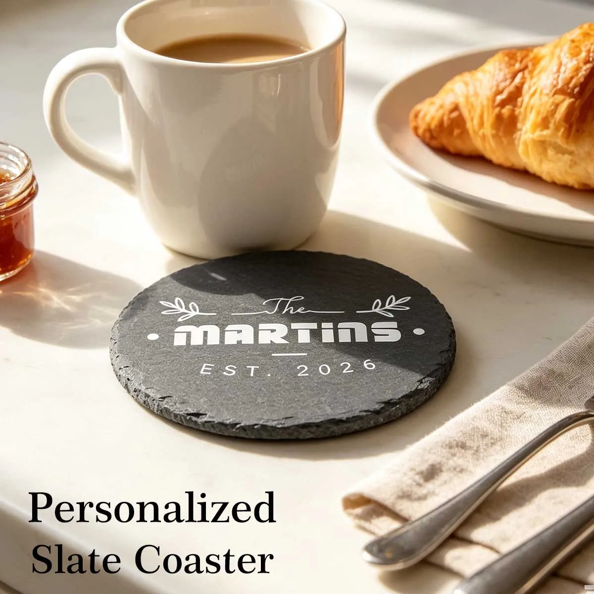 Personalized Wedding Coasters Set of 6 – Custom Couple Names Last Name & Date – 4 Inch Round Slate Elegant Bridal Shower Gift