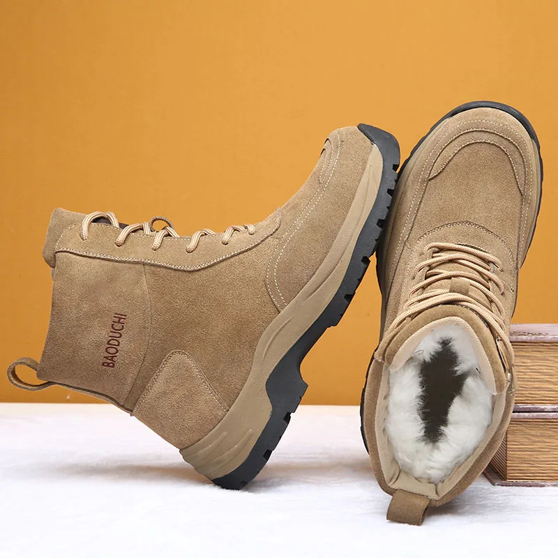 Men's Sheepskin and Wool Integrated Snow Boots, Real Leather and Fur, Winter Thick and Warm Boots Slip Resistance for Men's