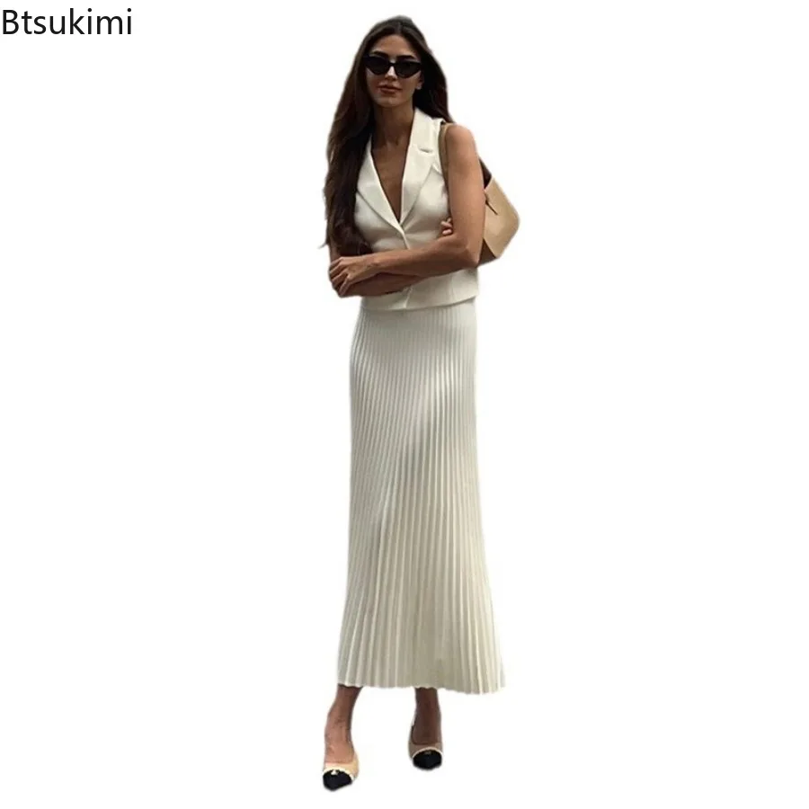 New 2024 Women's Elegant 2PCS Sets Spring Summer Skirts Set Sleeveless Button Tops+ Pleated Maxi Skirts Suits Y2k Casual Outfits
