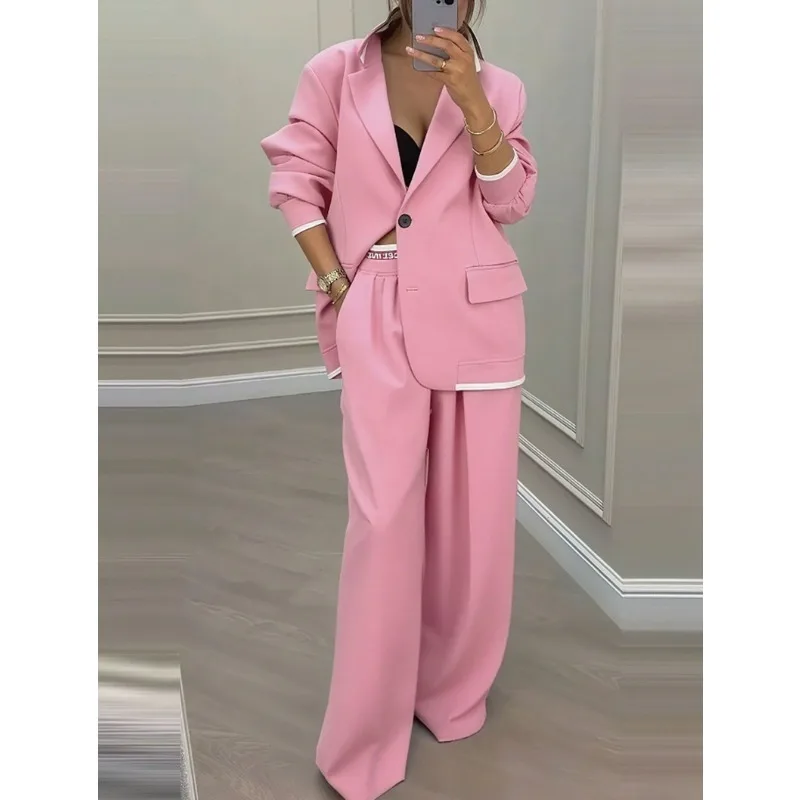 European and American Cross-border Autumn and Winter New Women's Wear Elegant Long-sleeved Coat Casual Wide-leg Pants Suit Set
