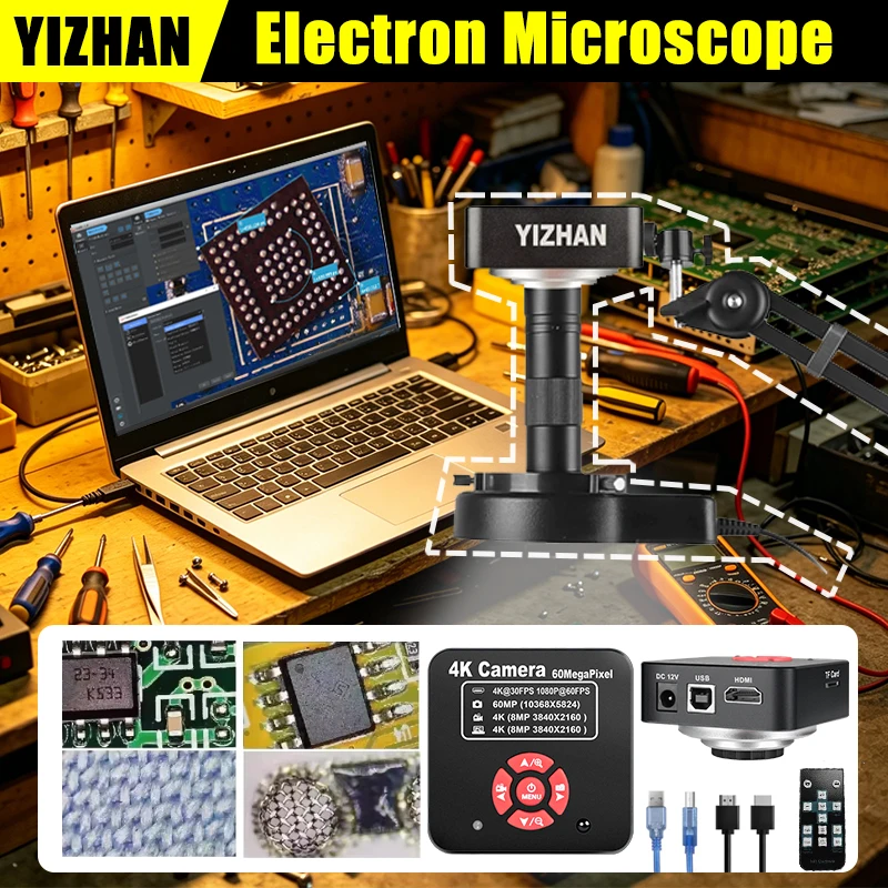YIZHAN 4K Electronic Digital Microscope 150x Zoom Lens 60MP Industrial Camera HDMI USB Computer Software PCB Maintenance Welding