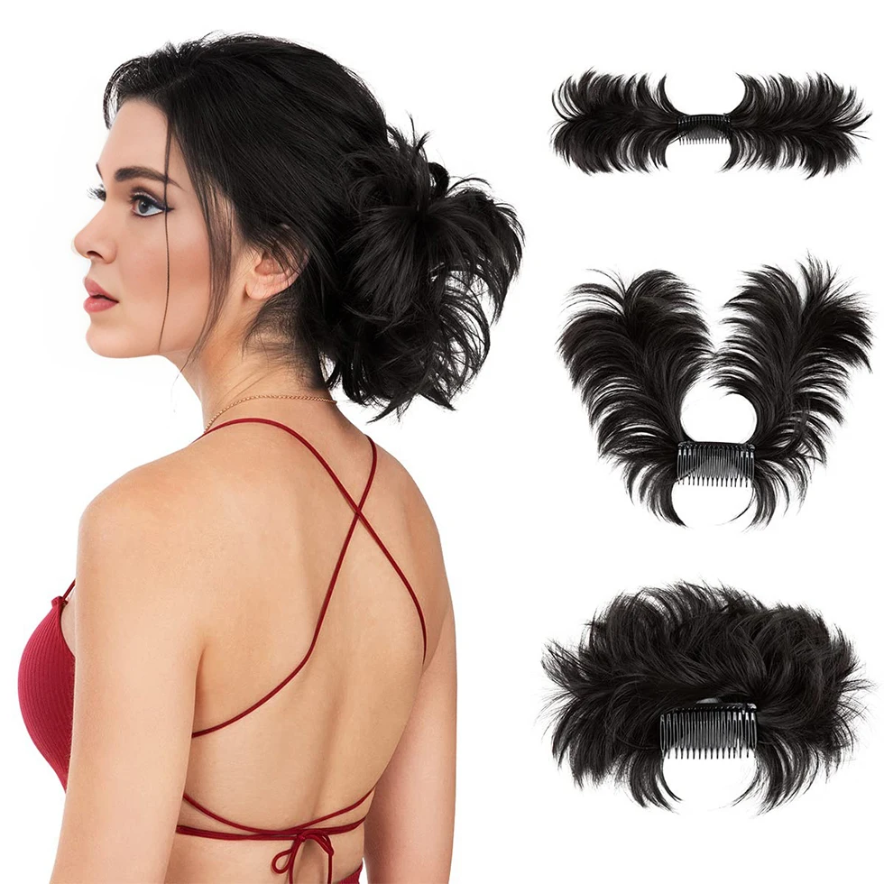 JINKAILI Synthetic Wig For Women Curved Metal Wire Comb Style Flower Bud Head Curly Hair Bag Messy Chicken Bun Wig Bag