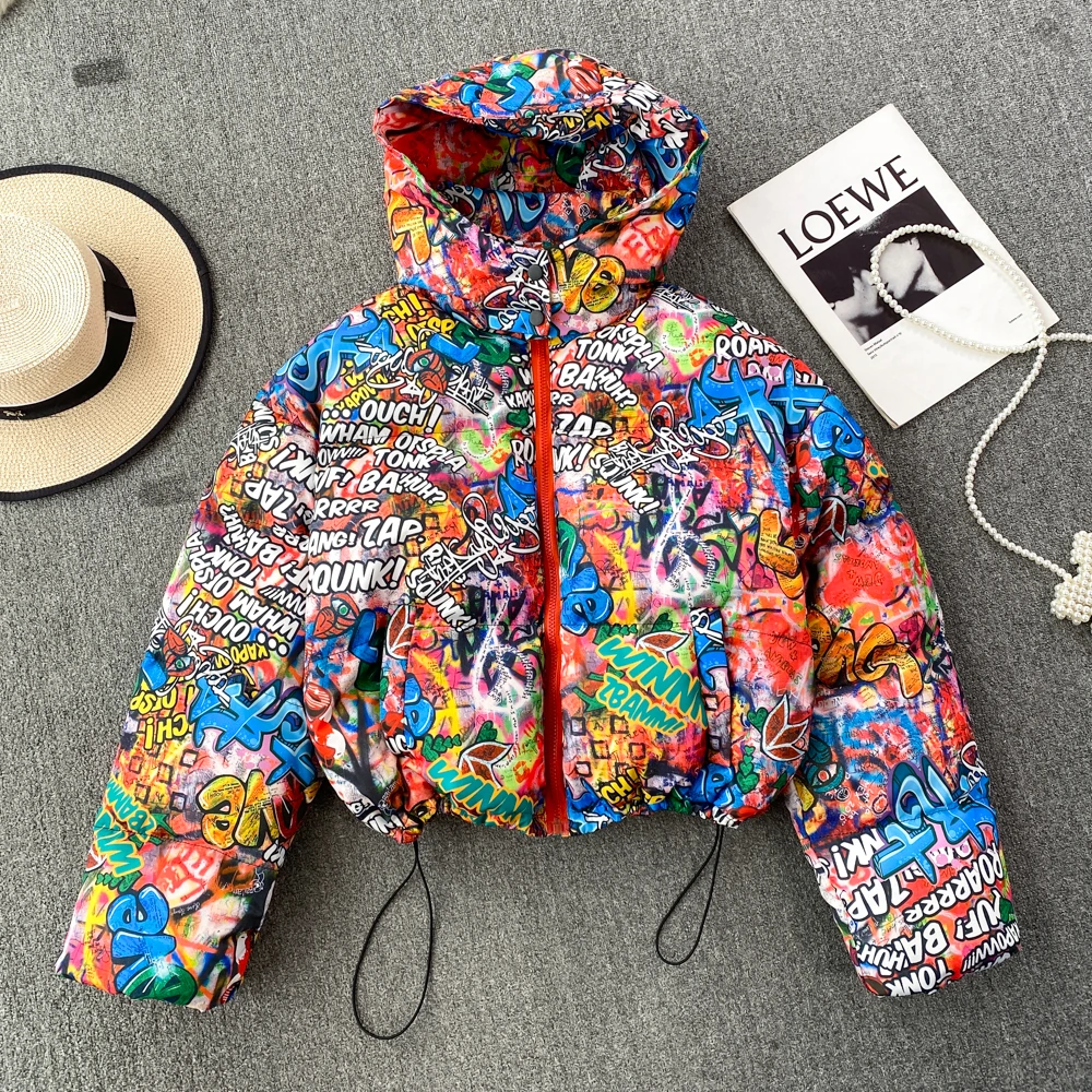 Winter Harajuku Rainbow Graffiti Printed Bomber Coat Thickened Cotton Padded Jacket Zipper Parka Cardigan Hooded Streetwear Tops