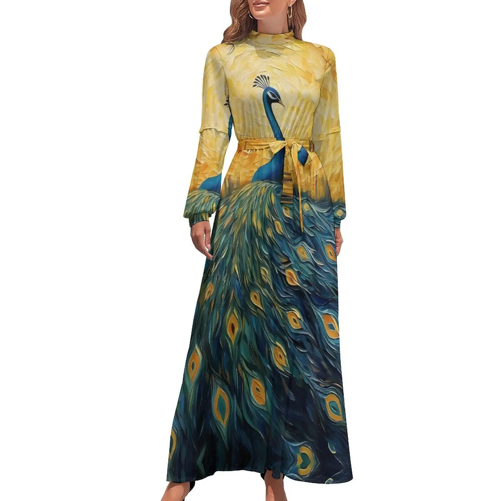 Fantasy Painting About Peacock Dress  Streetwear Bohemia Dresses Female Long Sleeve High Waist Sexy Long Maxi Dress