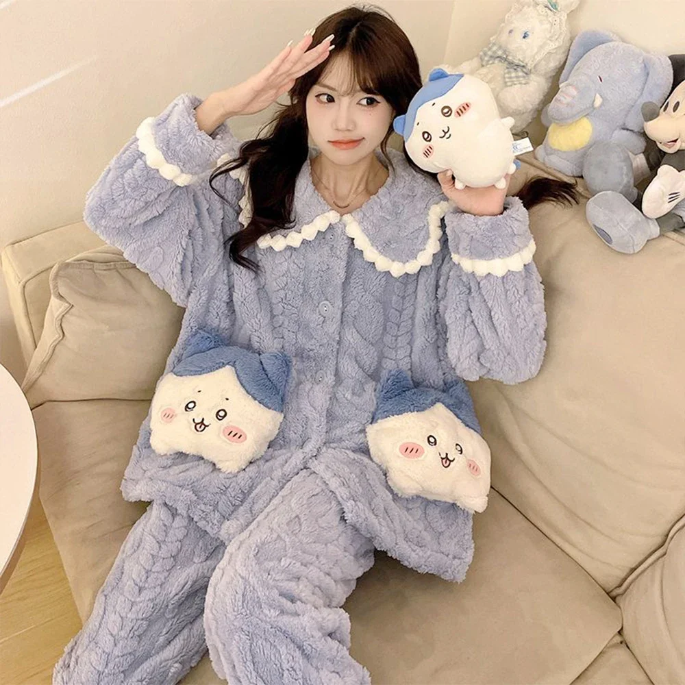 Kawaii Chiikawa Plush Pajamas Set Set Anime Hachiware Coral Fleece Warm Cartoon Thicken Homewear Girls Nightgown Tops Pants