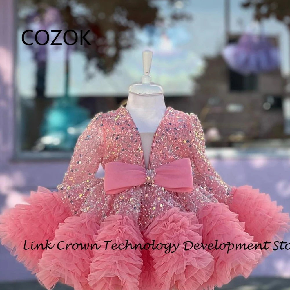 COZOK Simple V Neck Flower Girls Dresses with Sequined A Line Full Sleeve Christmas Dresses 2024 Summer Sequined فستان عيد الميل